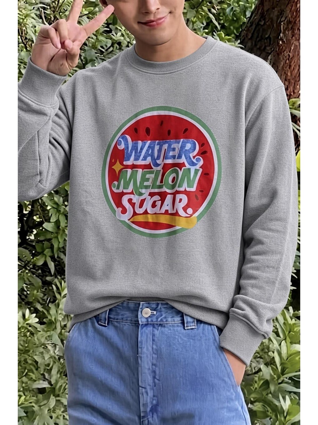 Gri Bs Watermelon Sugar Karpuz Baskılı Unisex Bisiklet Yaka Sweatshirt