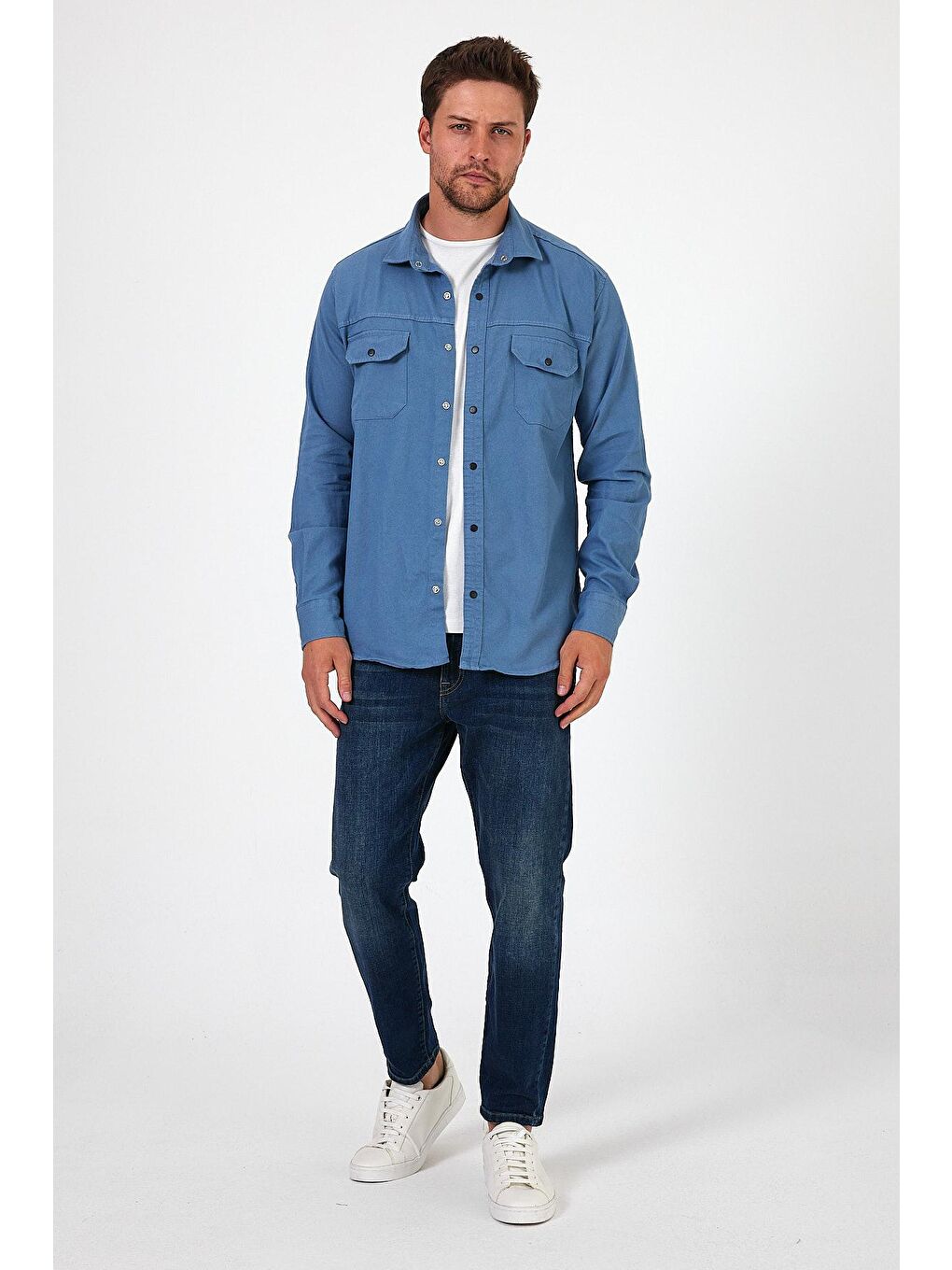 Mavi Regular Fit Çift Cepli Çıt Çıt Düğme Detaylı  Erkek Jean Gömlek RF0290-5