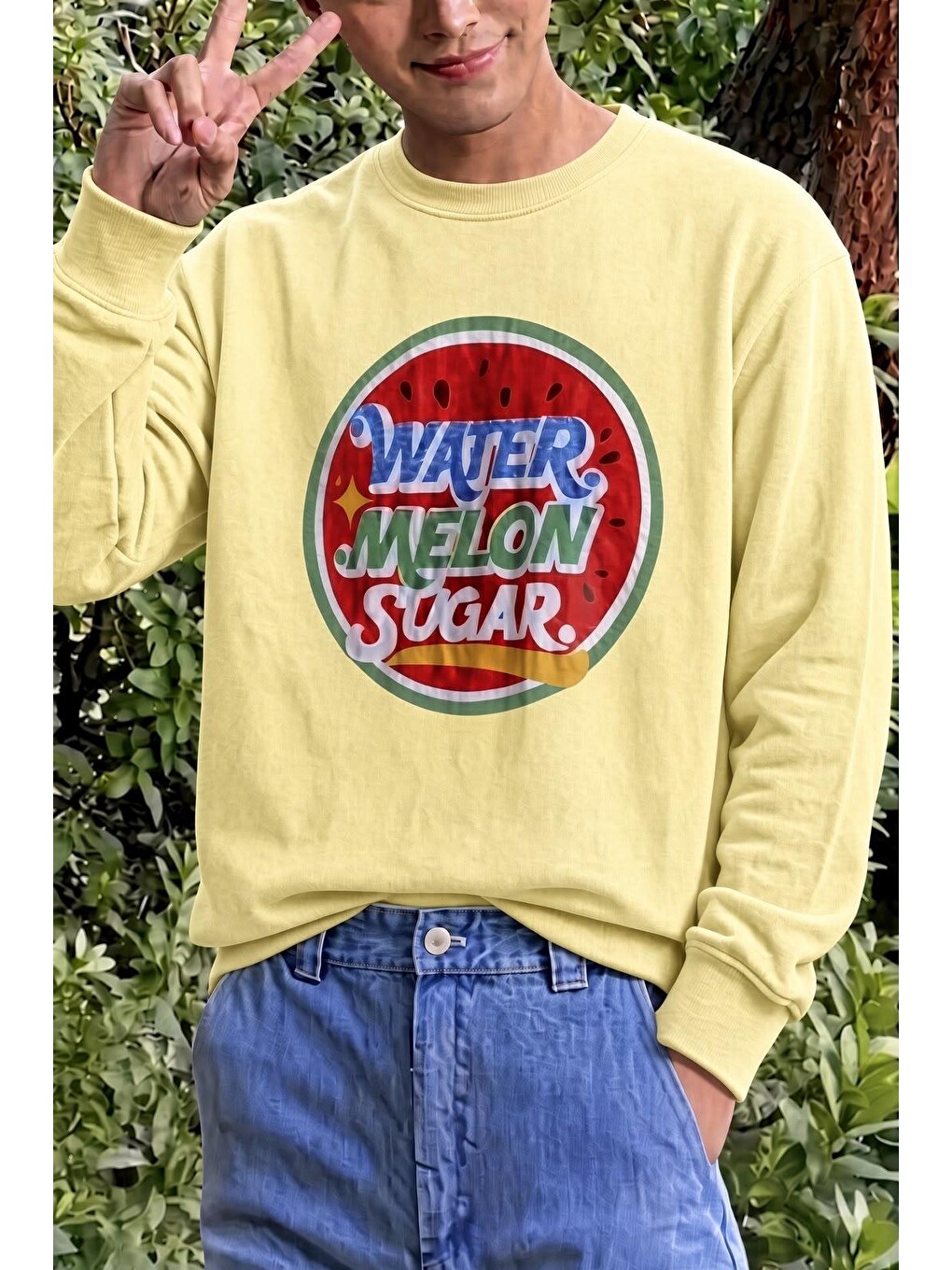 Sarı Bs Watermelon Sugar Karpuz Baskılı Unisex Bisiklet Yaka Sweatshirt