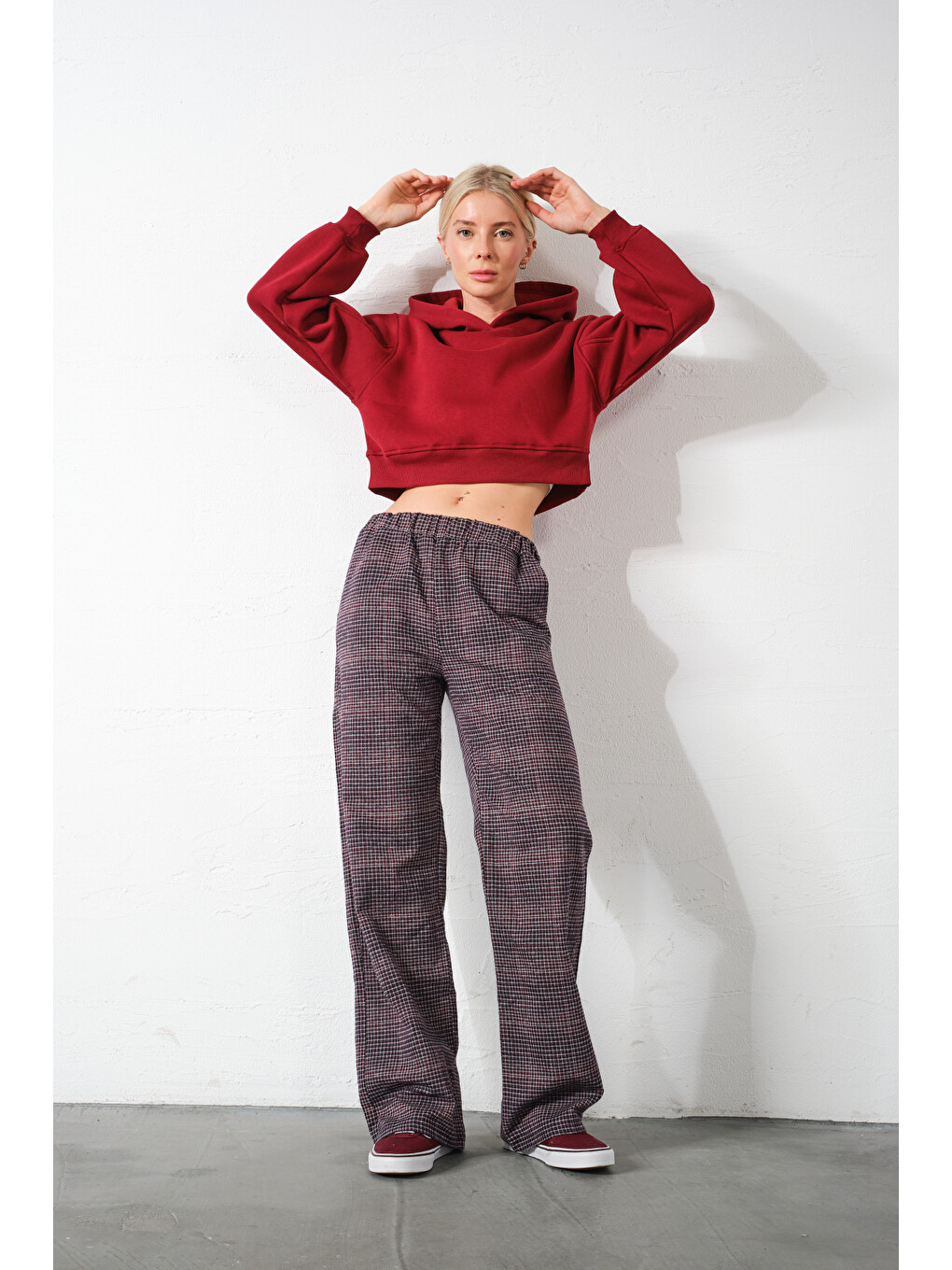 Kırmızı Ekoseli Flanel Yüksek Bel Pijama Altı Rahat Kesim Geniş Paça Pamuklu Kadın Pantolon-7