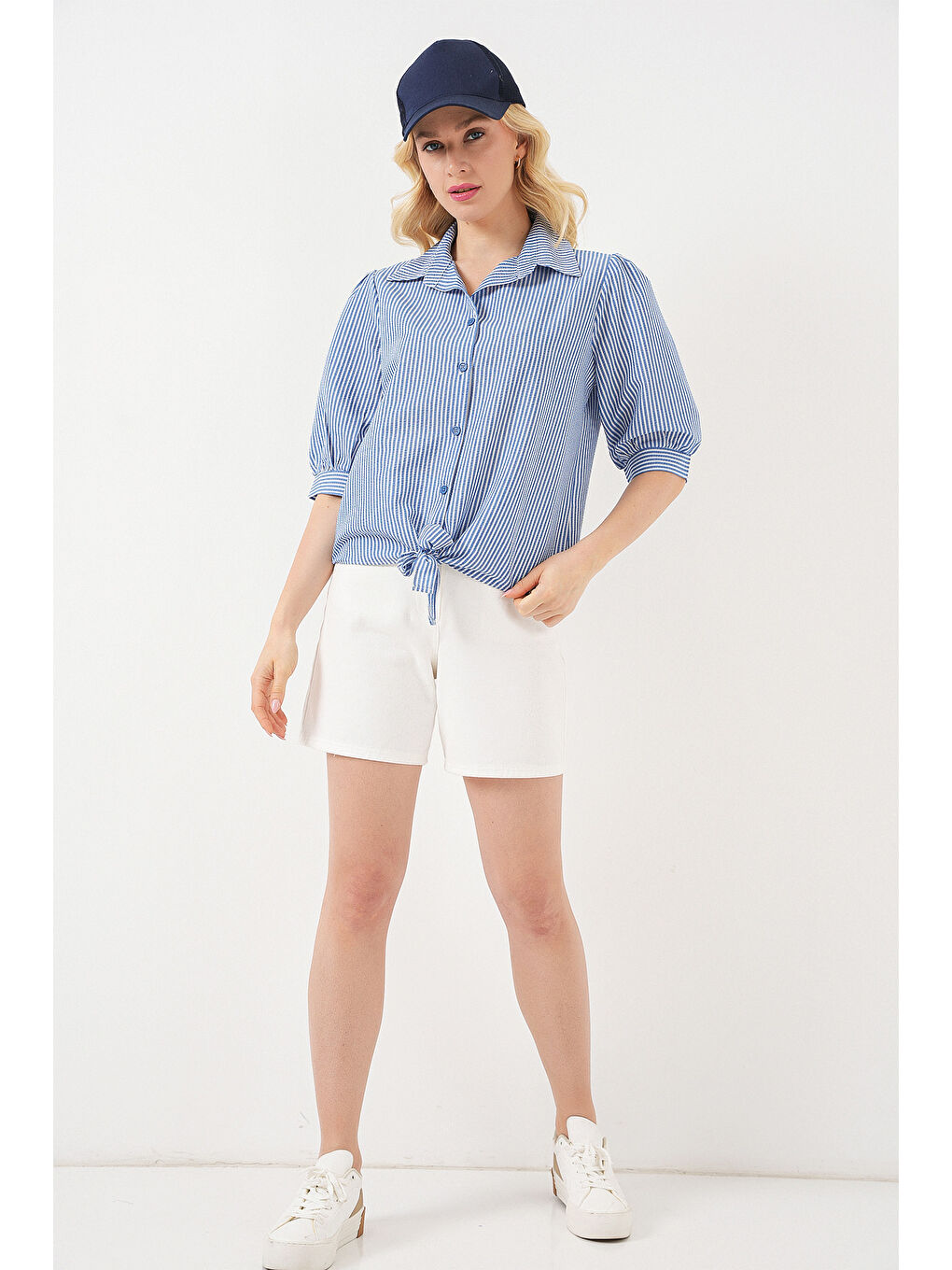 Kadın Önü Bağlamalı Çizgili Gömlek 20323 - Lacivert-1