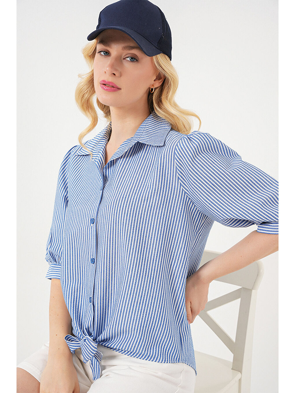 Kadın Önü Bağlamalı Çizgili Gömlek 20323 - Lacivert-3
