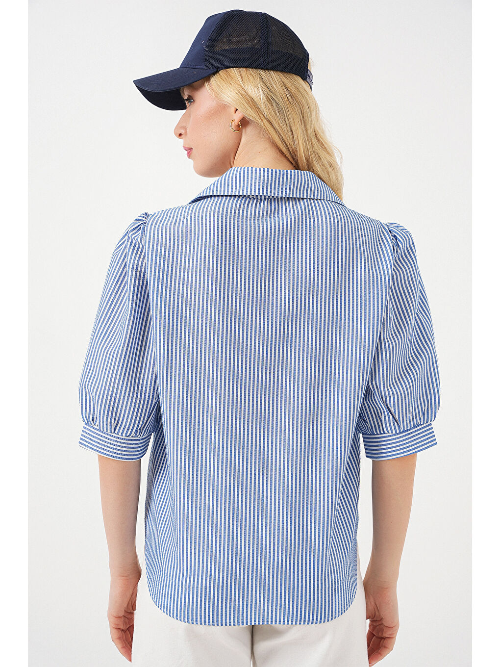 Kadın Önü Bağlamalı Çizgili Gömlek 20323 - Lacivert-5