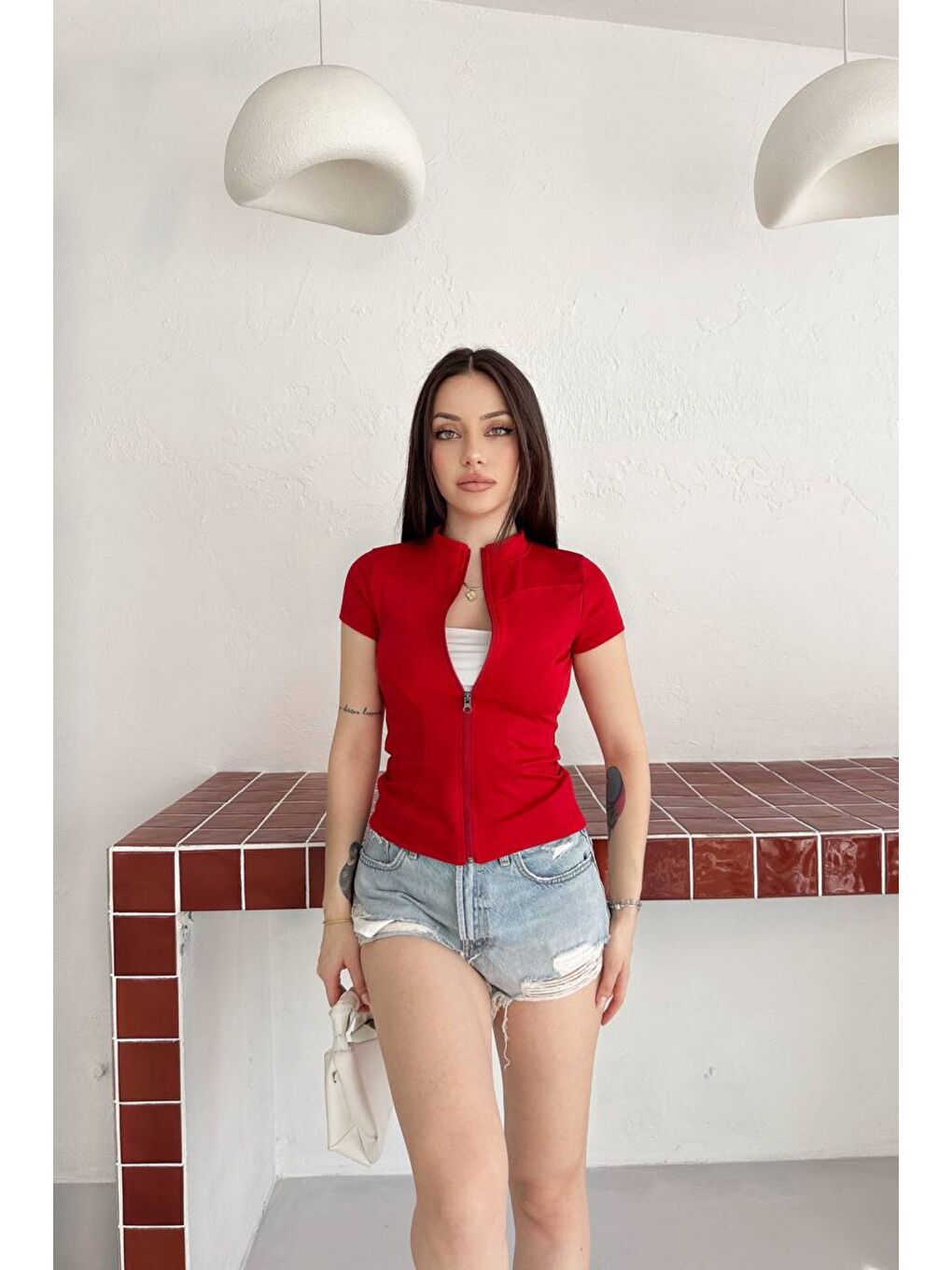 Kırmızı Kadın Fermuarlı Fit Tişört Slim Fit Kısa Kollu Bluz Basic Crop Üst