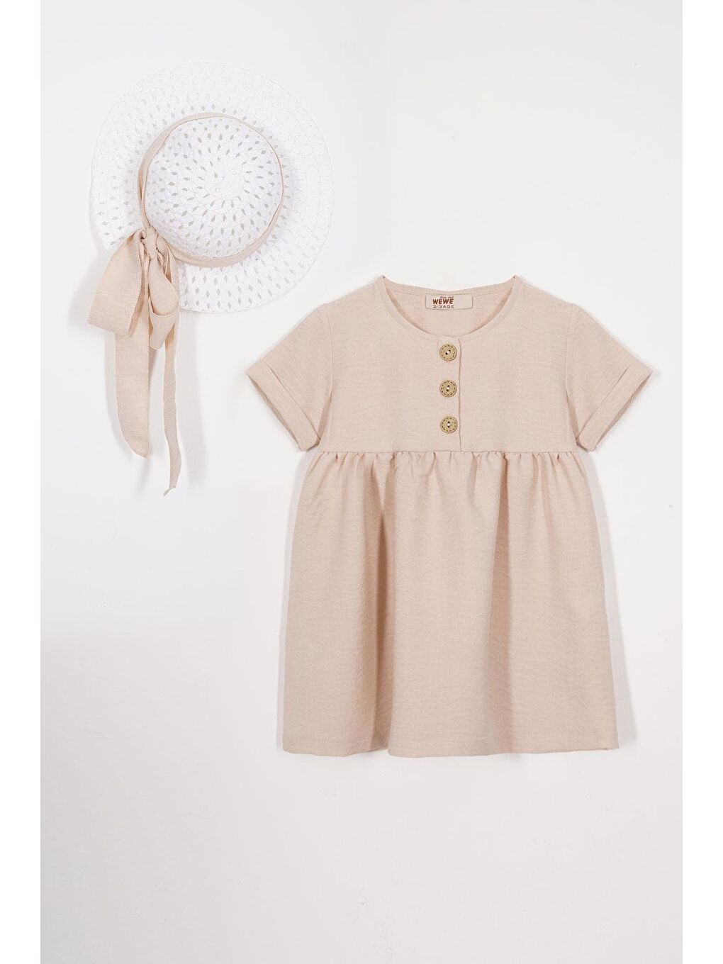 Bisiklet Yaka Düğmeli Şapka Aksesuarlı Bej Renk Kız Çocuk Keten Elbise