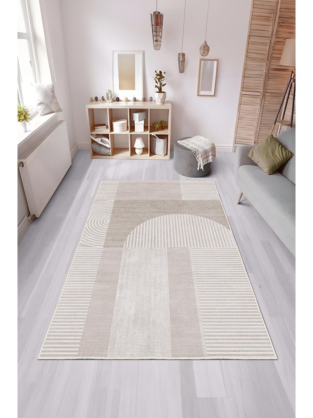 Bej Özel Tasarım, Kaymaz Taban, İnce, Yıkanabilir, Modern Halı WOOKECE1488 180x280