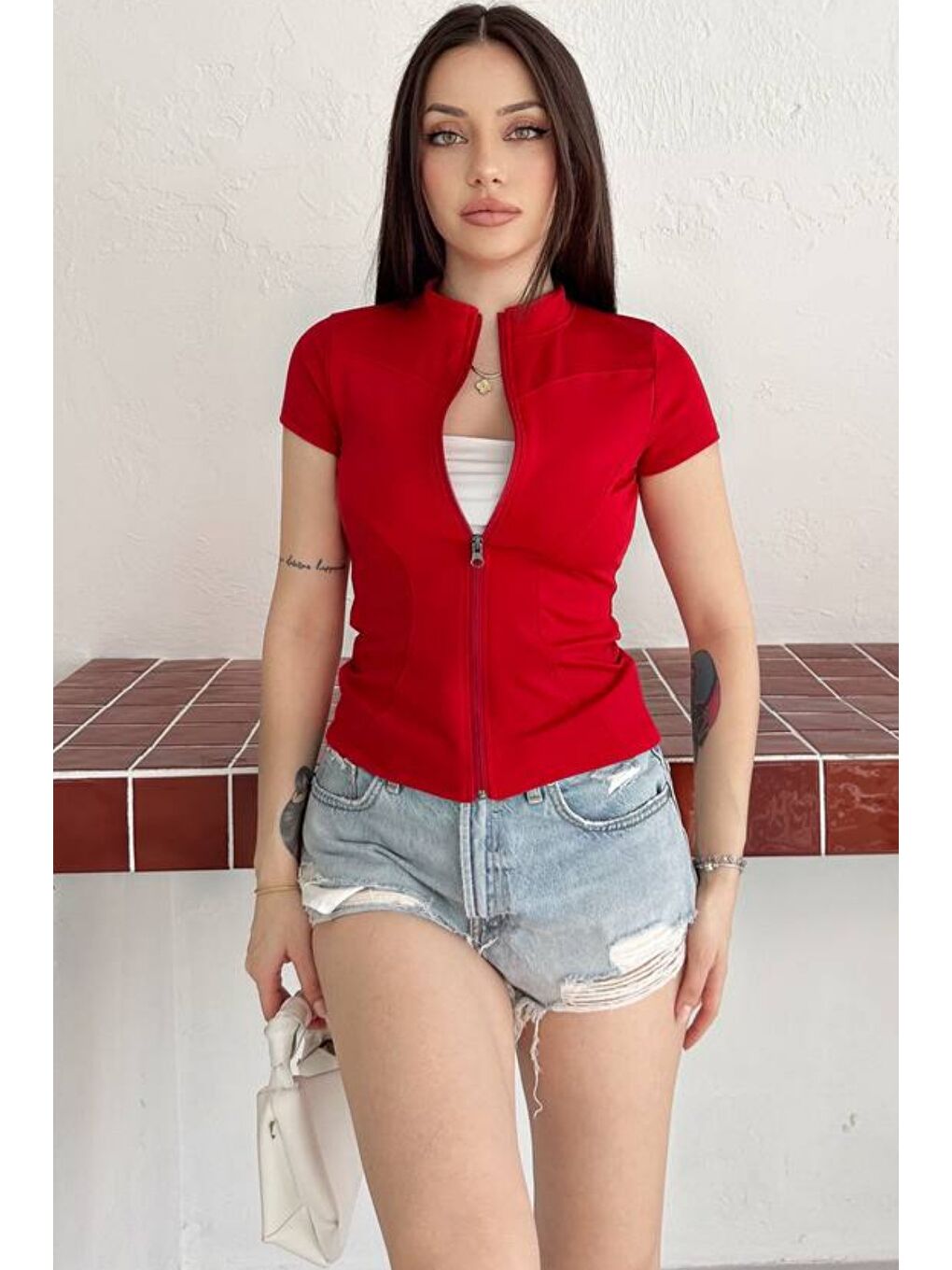 Kırmızı Kadın Fermuarlı Fit Tişört Slim Fit Kısa Kollu Bluz Basic Crop Üst-1
