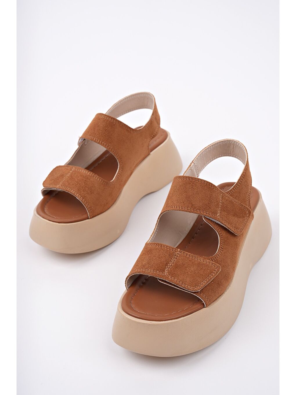 Kahverengi NANSHE Kalın Taban Çift Bantlı Cırtlı Günlük Kadın Sandalet