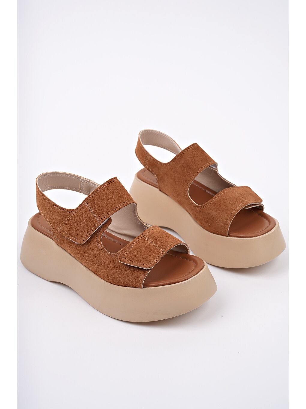 Kahverengi NANSHE Kalın Taban Çift Bantlı Cırtlı Günlük Kadın Sandalet-1