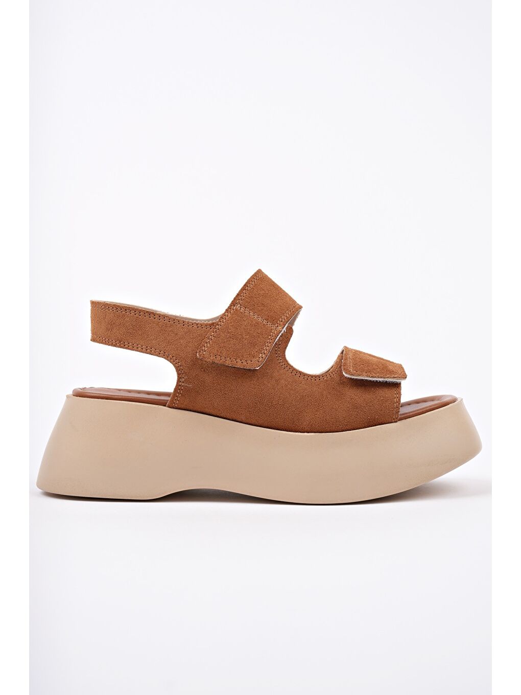 Kahverengi NANSHE Kalın Taban Çift Bantlı Cırtlı Günlük Kadın Sandalet-2