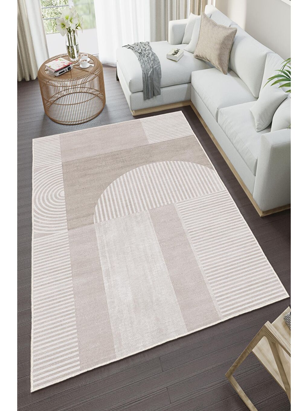 Bej Özel Tasarım, Kaymaz Taban, İnce, Yıkanabilir, Modern Halı WOOKECE1488 180x280-2