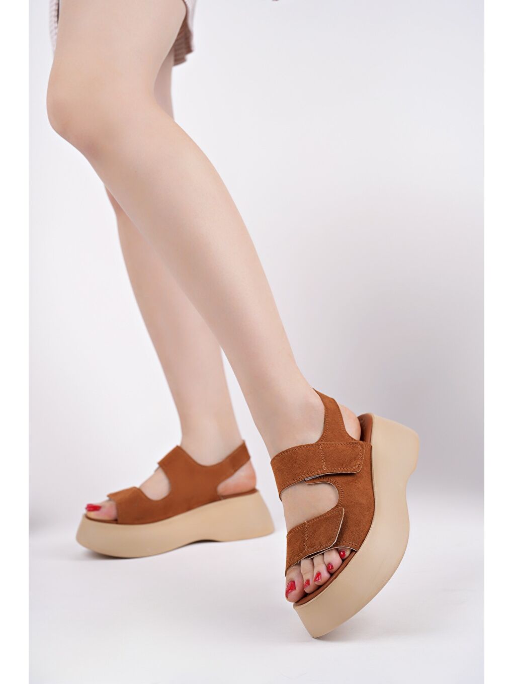 Kahverengi NANSHE Kalın Taban Çift Bantlı Cırtlı Günlük Kadın Sandalet-6