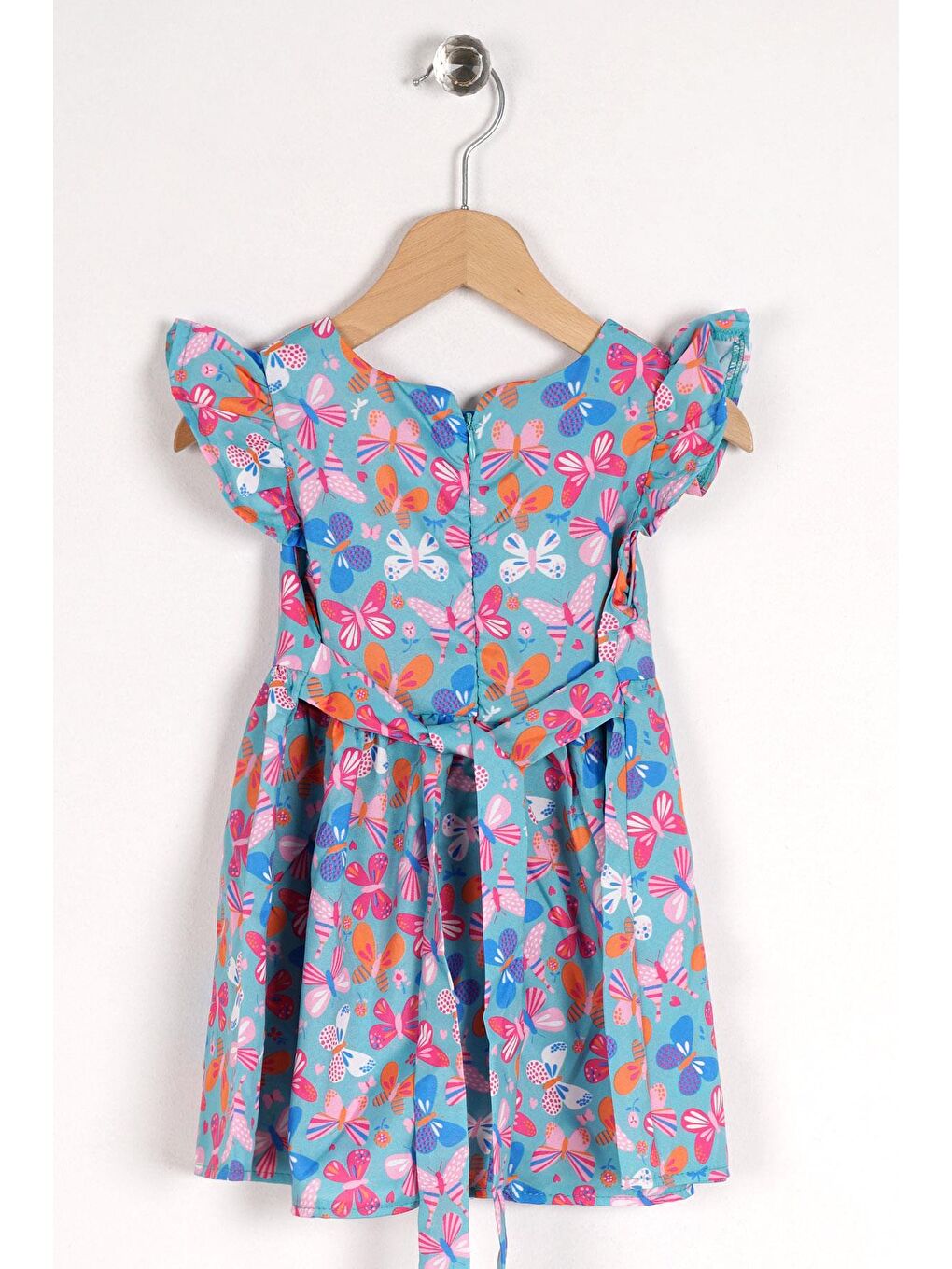 Kare Yaka Fırfır Kol Kelebek Desenli Beli Kuşaklı Yeşil Renk Kız Çocuk Elbise-1