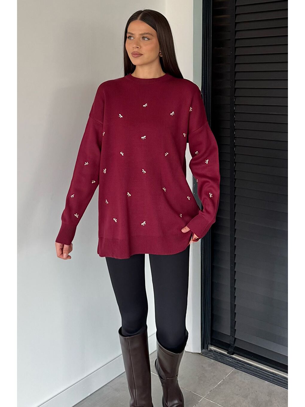 Bordo Kadın Kurdele Nakışlı Triko Kazak (m-l-xl Uyumludur)