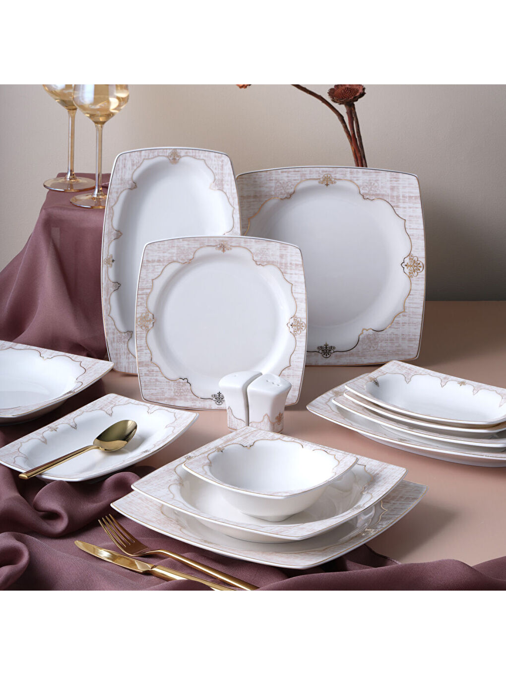 Ekru Caroline 54 Parça 12 Kişilik Kare Yemek Takımı 5941