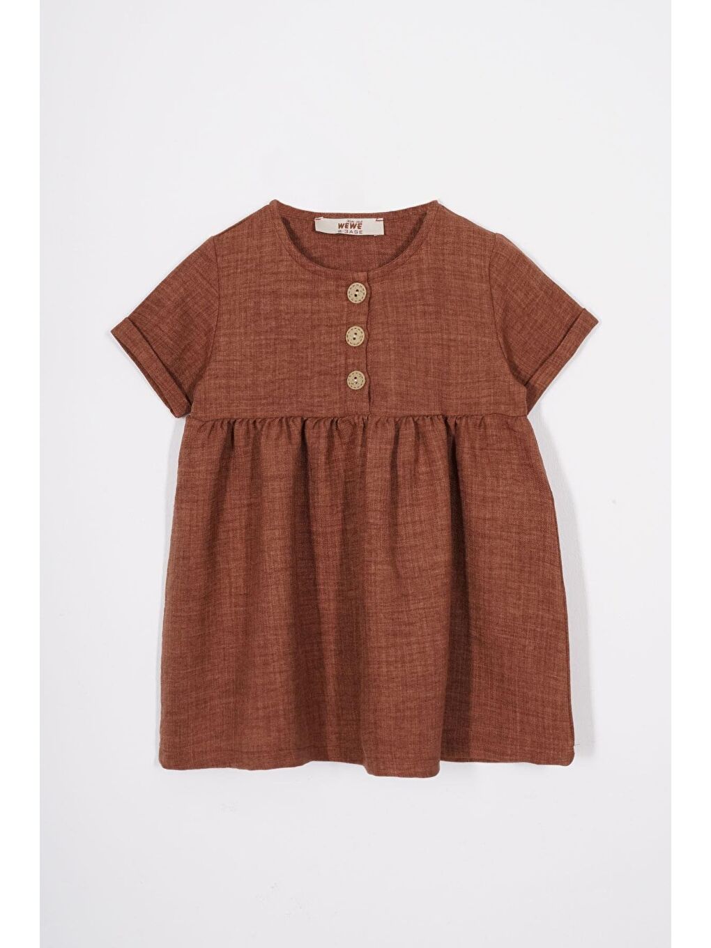 Bisiklet Yaka Düğmeli Şapka Aksesuarlı Kahverengi Renk Kız Çocuk Keten Elbise-1