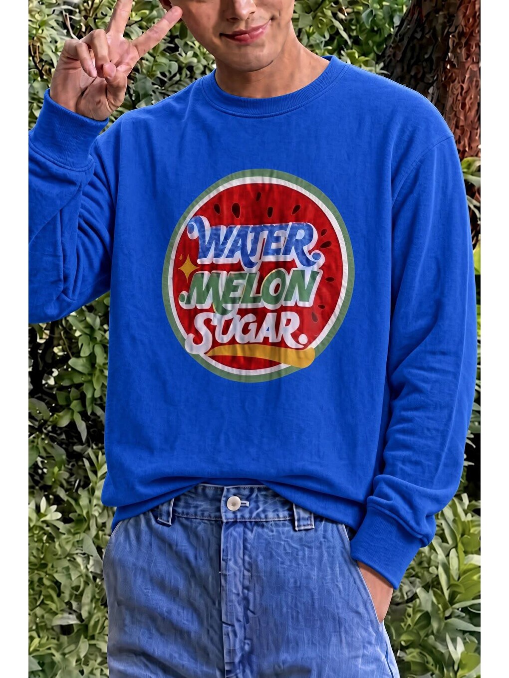 Mavi Bs Watermelon Sugar Karpuz Baskılı Unisex Bisiklet Yaka Sweatshirt