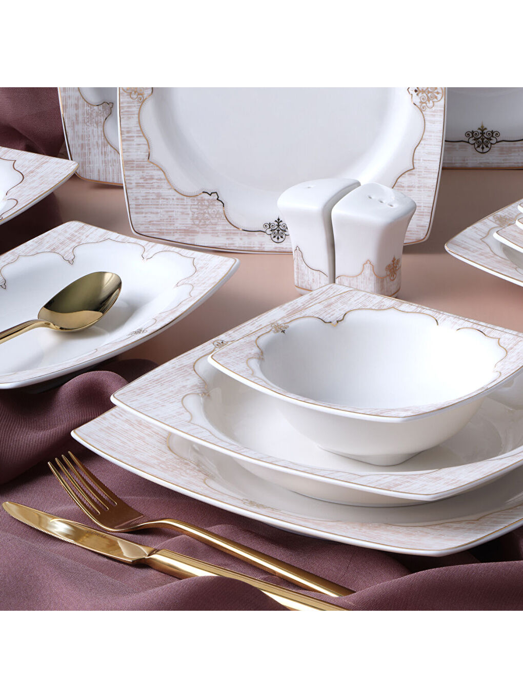 Ekru Caroline 54 Parça 12 Kişilik Kare Yemek Takımı 5941-1