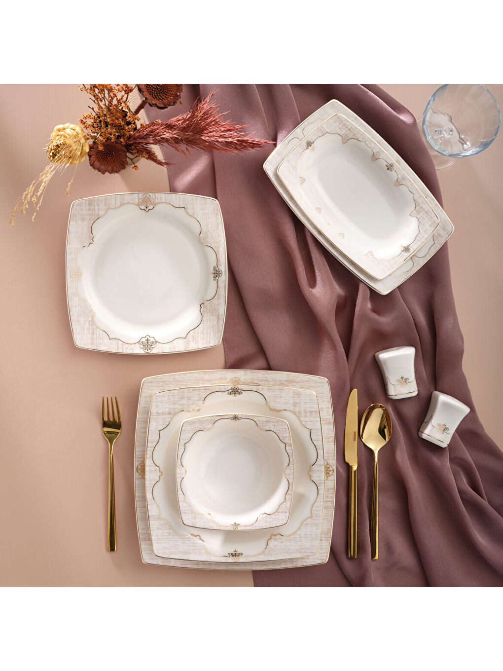 Ekru Caroline 54 Parça 12 Kişilik Kare Yemek Takımı 5941-2