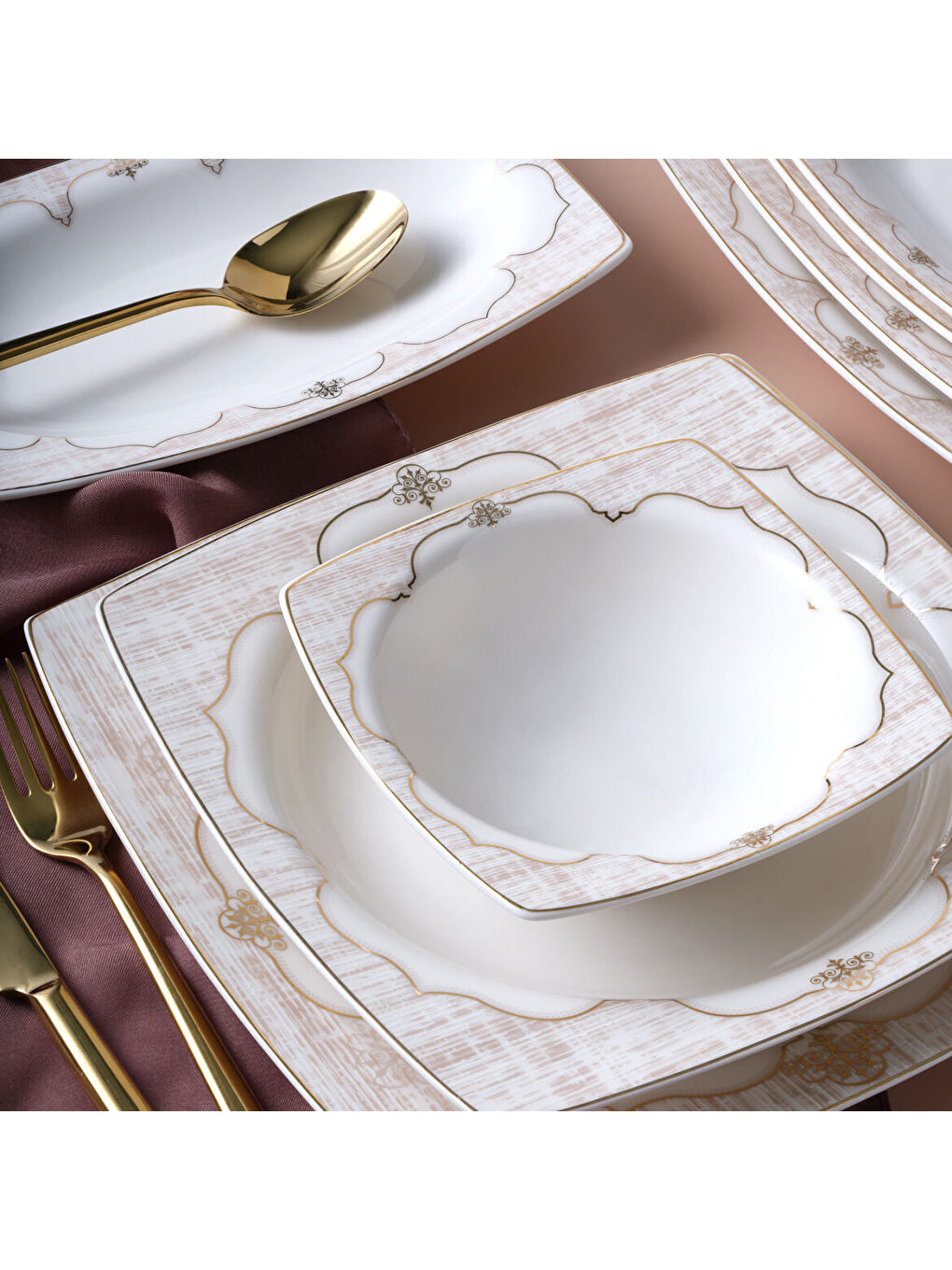 Ekru Caroline 54 Parça 12 Kişilik Kare Yemek Takımı 5941-3