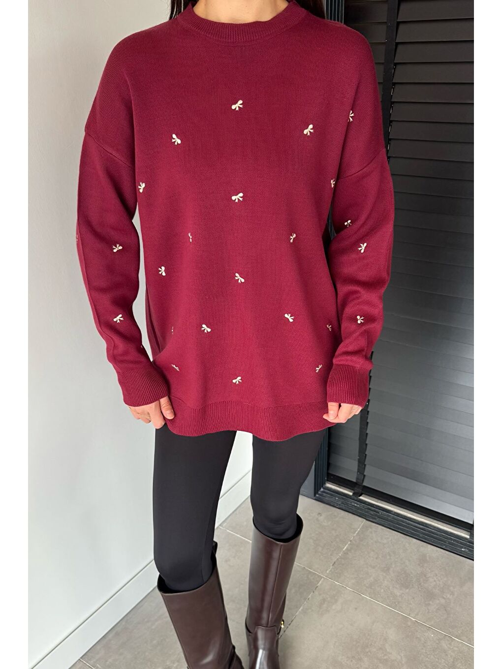 Bordo Kadın Kurdele Nakışlı Triko Kazak (m-l-xl Uyumludur)-2