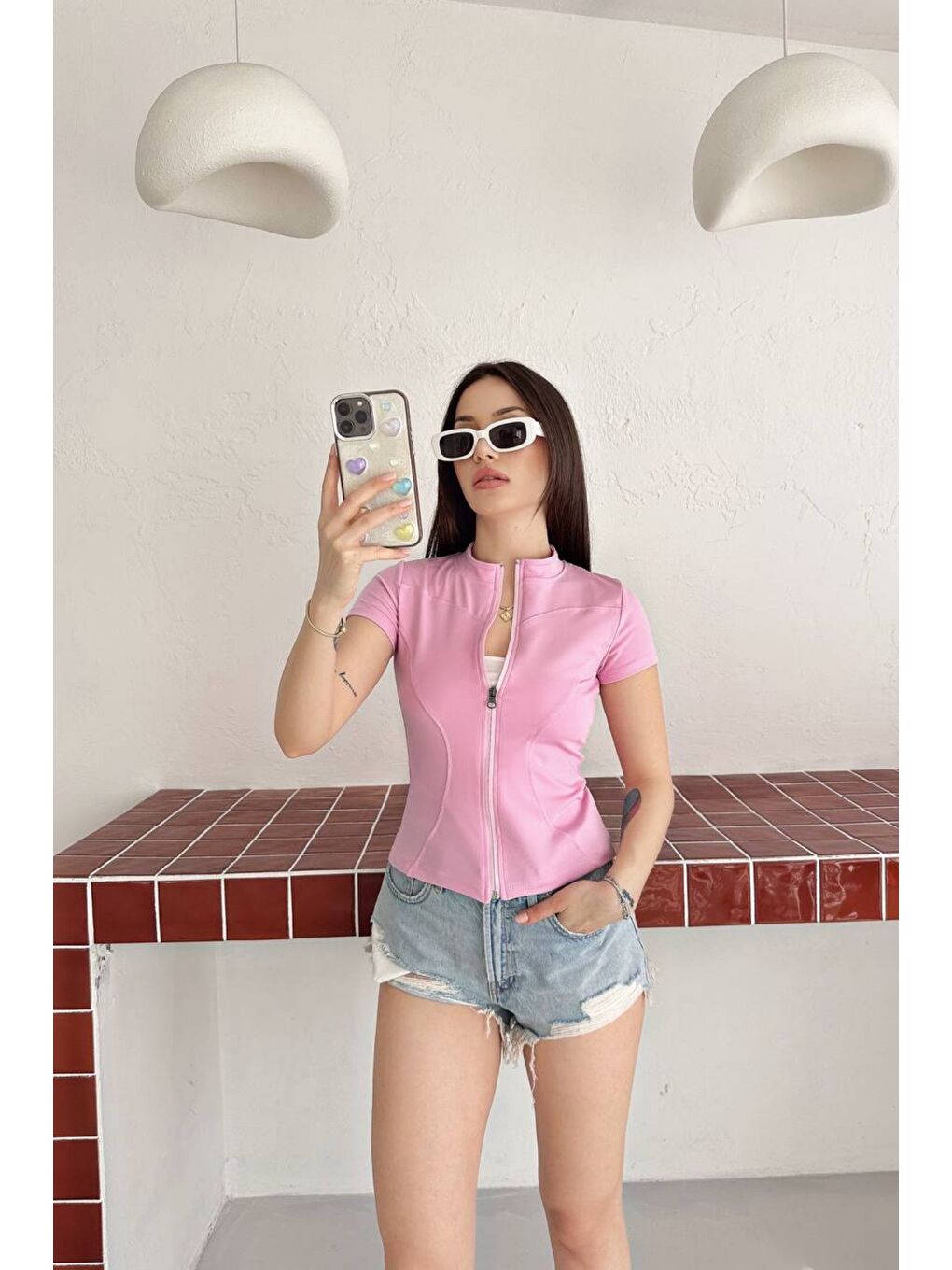 Pembe Kadın Fermuarlı Fit Tişört Slim Fit Kısa Kollu Bluz Basic Crop Üst