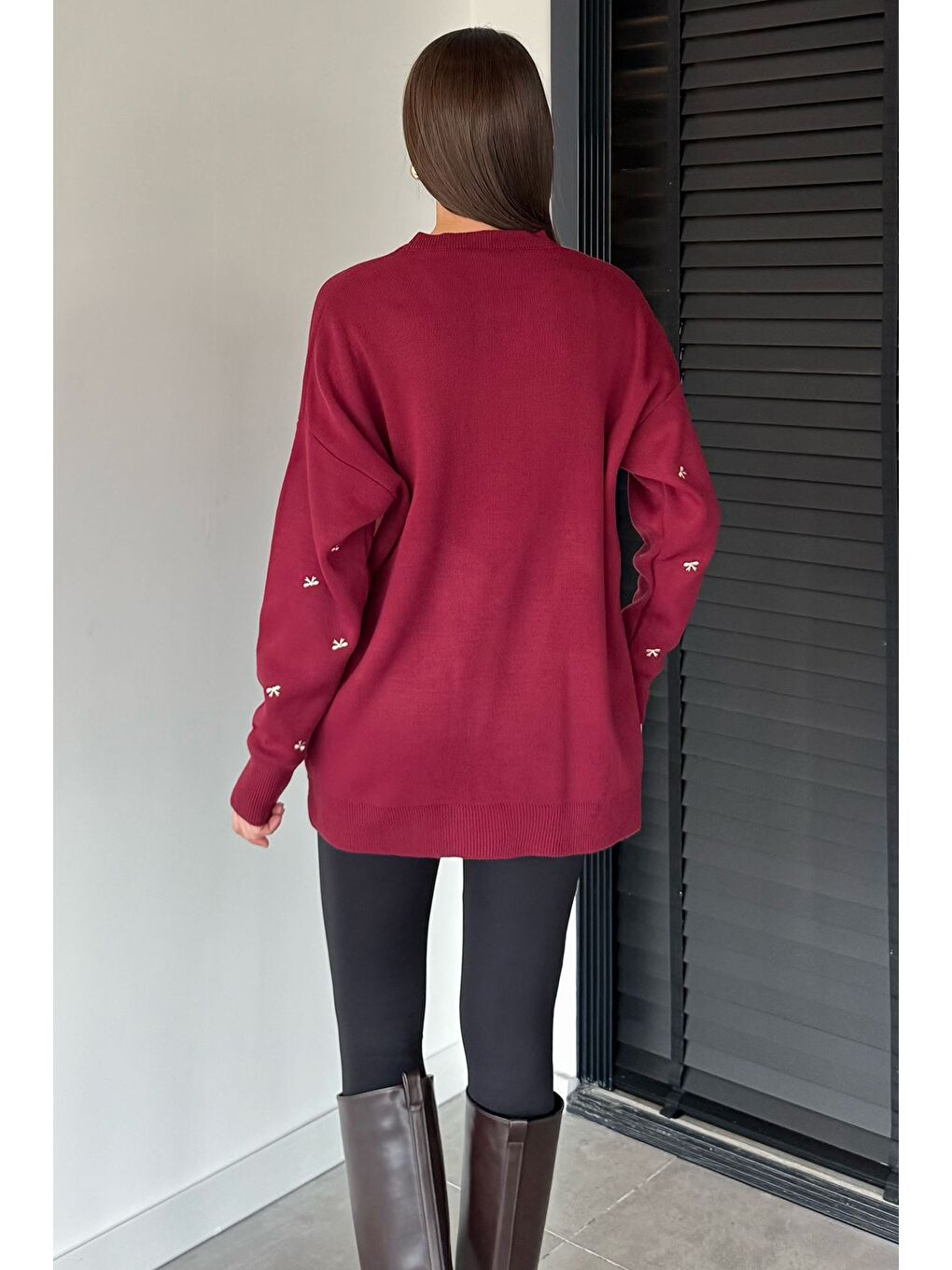 Bordo Kadın Kurdele Nakışlı Triko Kazak (m-l-xl Uyumludur)-3
