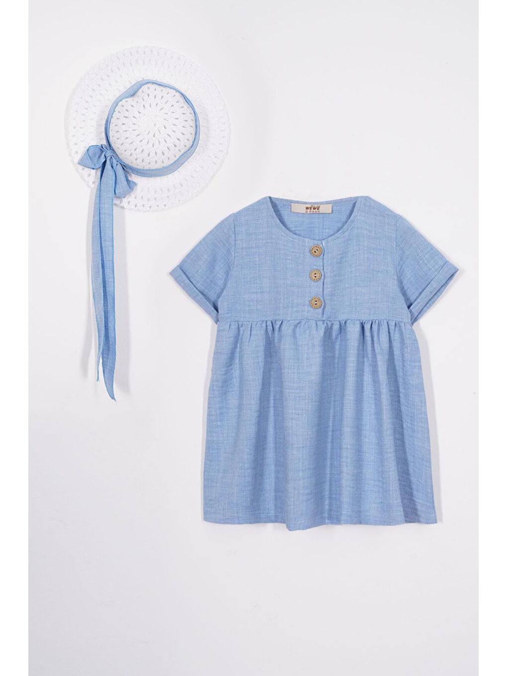 Bisiklet Yaka Düğmeli Şapka Aksesuarlı Bebe Mavisi Renk Kız Çocuk Keten Elbise