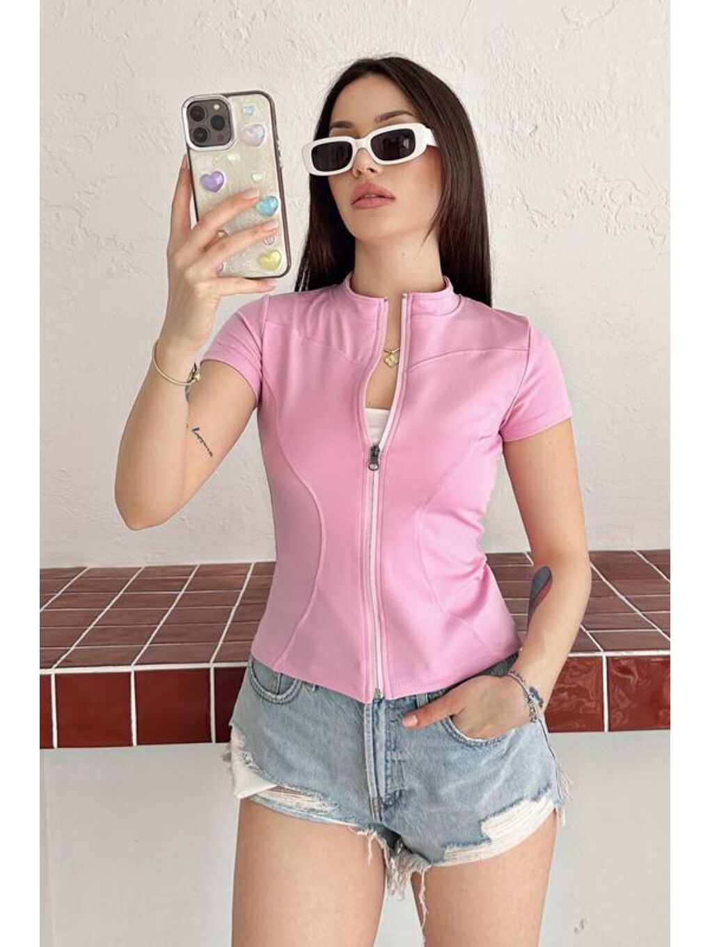 Pembe Kadın Fermuarlı Fit Tişört Slim Fit Kısa Kollu Bluz Basic Crop Üst-1