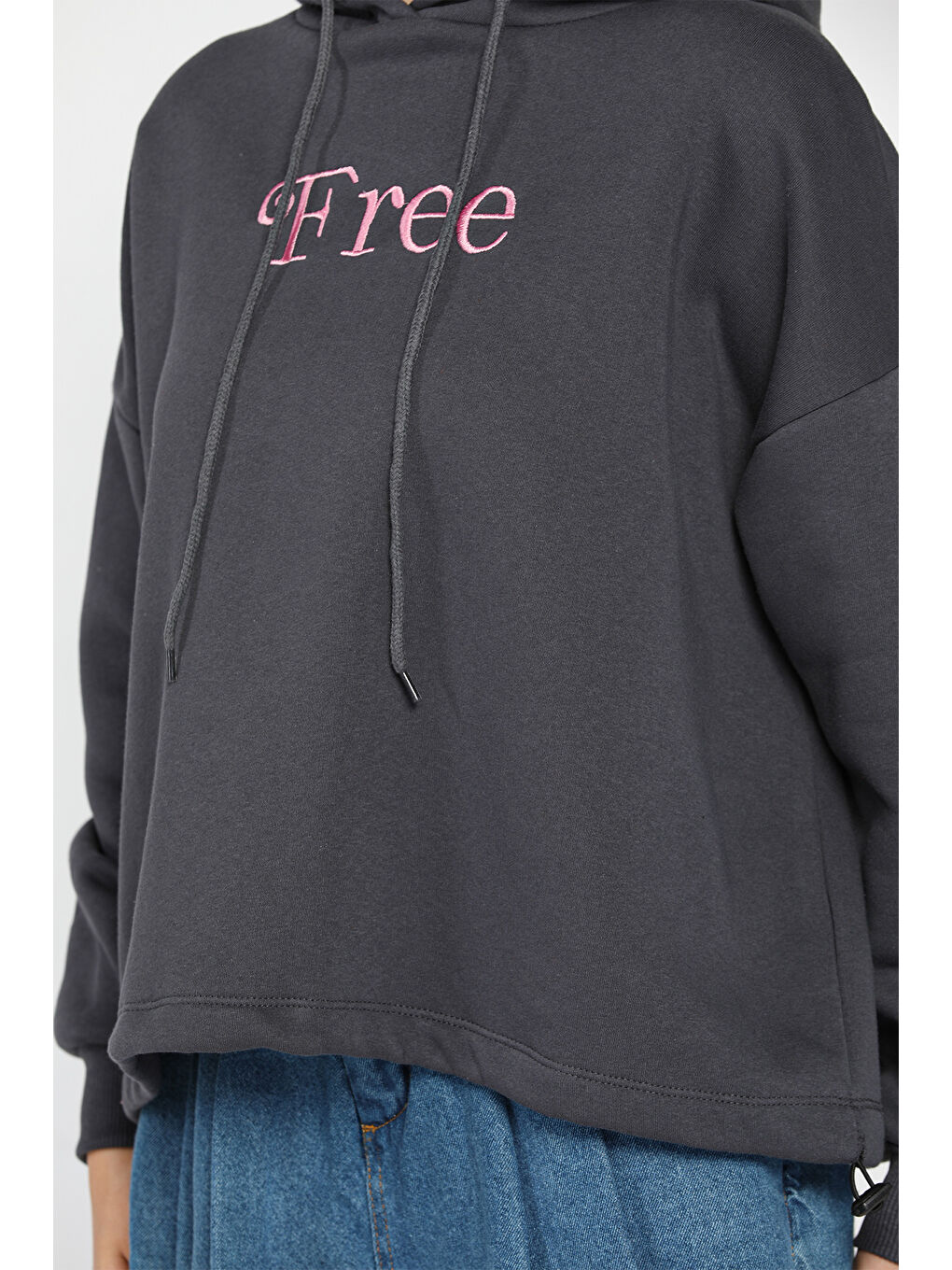 GÜLSELİ Füme Kapüşonlu Free Nakışlı Üç İplik Şardonlu Sweatshirt - 2