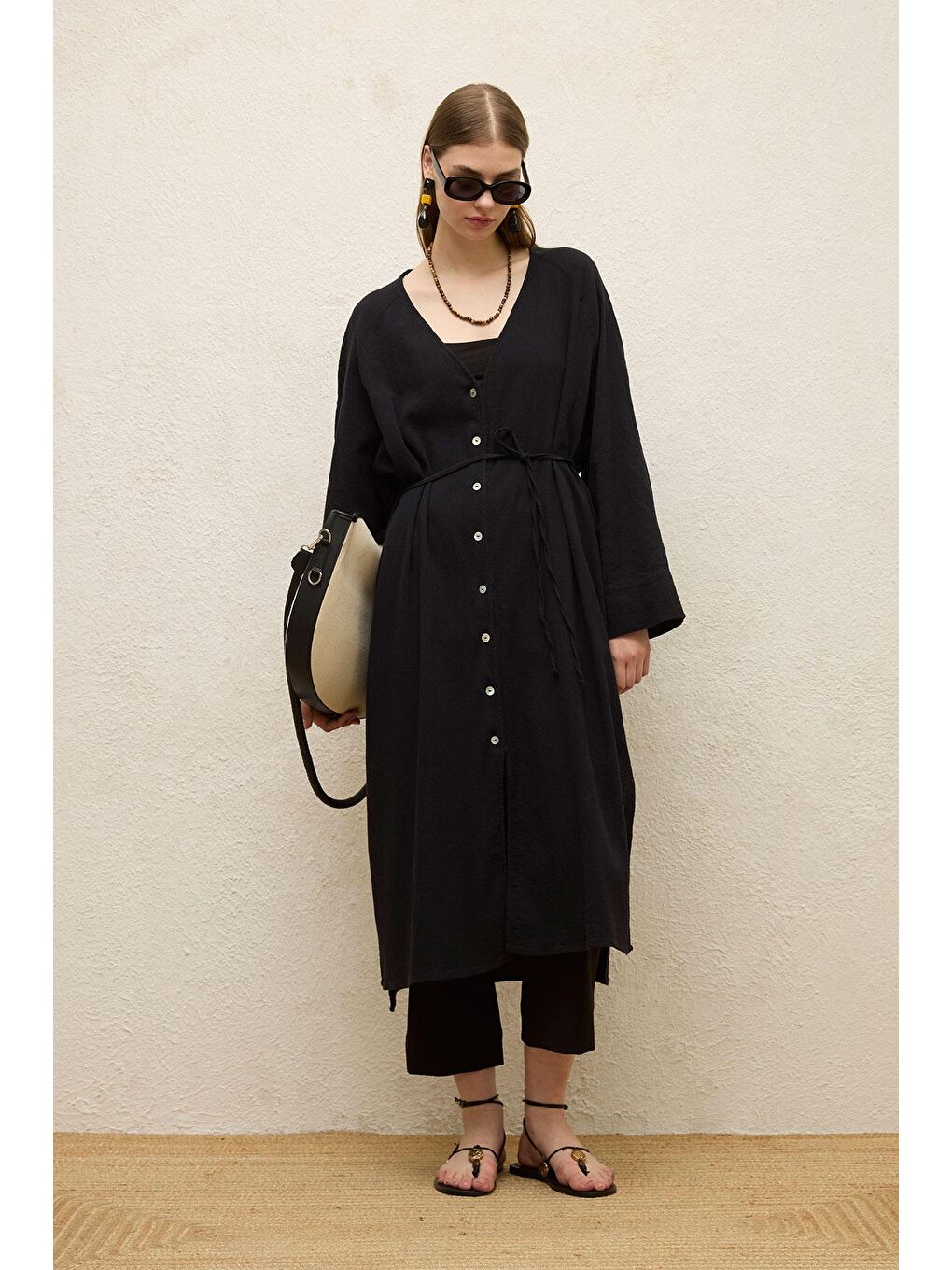 Pamuklu Bağlamalı Uzun Tunik Siyah