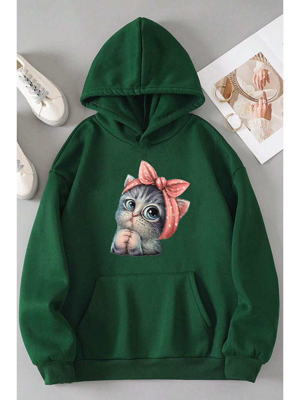 uyguntarz Yeşil Unisex Sevimli Kedi Sweatshirt