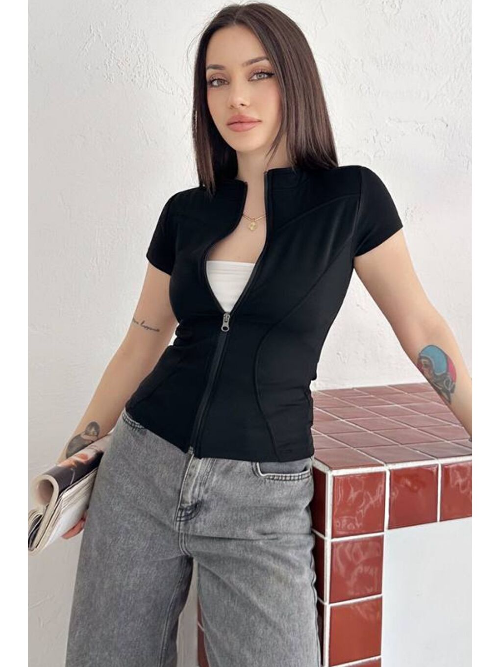 Siyah Kadın Fermuarlı Fit Tişört Slim Fit Kısa Kollu Bluz Basic Crop Üst-1