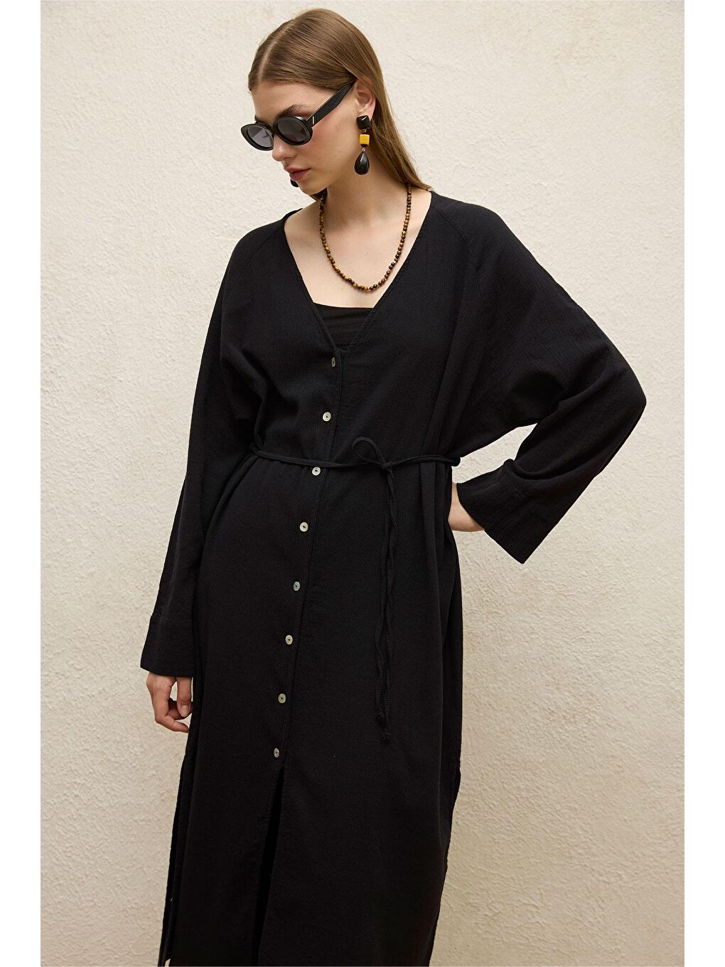 Pamuklu Bağlamalı Uzun Tunik Siyah-2