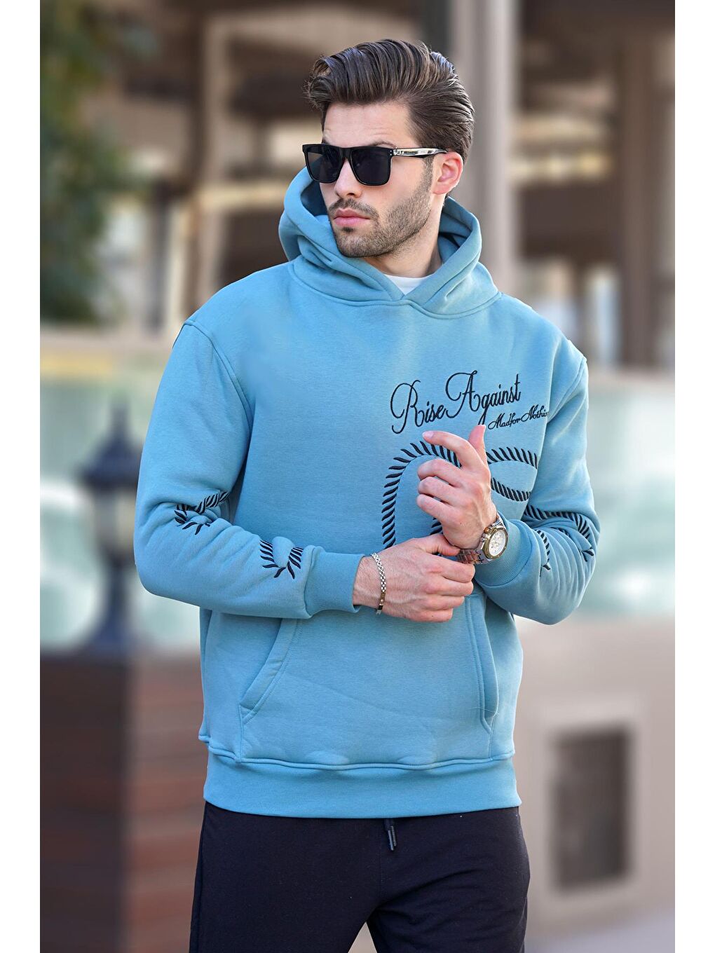 Madmext Mavi Baskılı Kapüşonlu Cep Detaylı Erkek Sweatshirt 7067