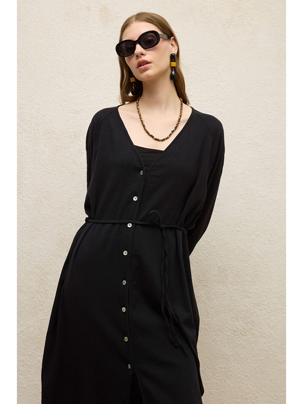 Pamuklu Bağlamalı Uzun Tunik Siyah-3