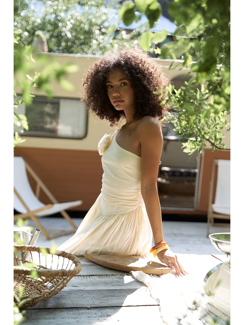 Lissa Tek Omuz Gül Detay Sarı Mini Elbise-5