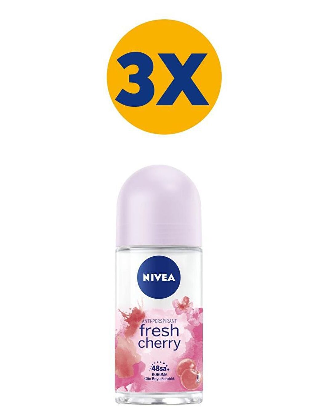 NIVEA Şeffaf Kadın Roll On Deodorant Fresh Cherry, 48 Saat Anti-Perspirant Koruma 50 ml X3 Adet