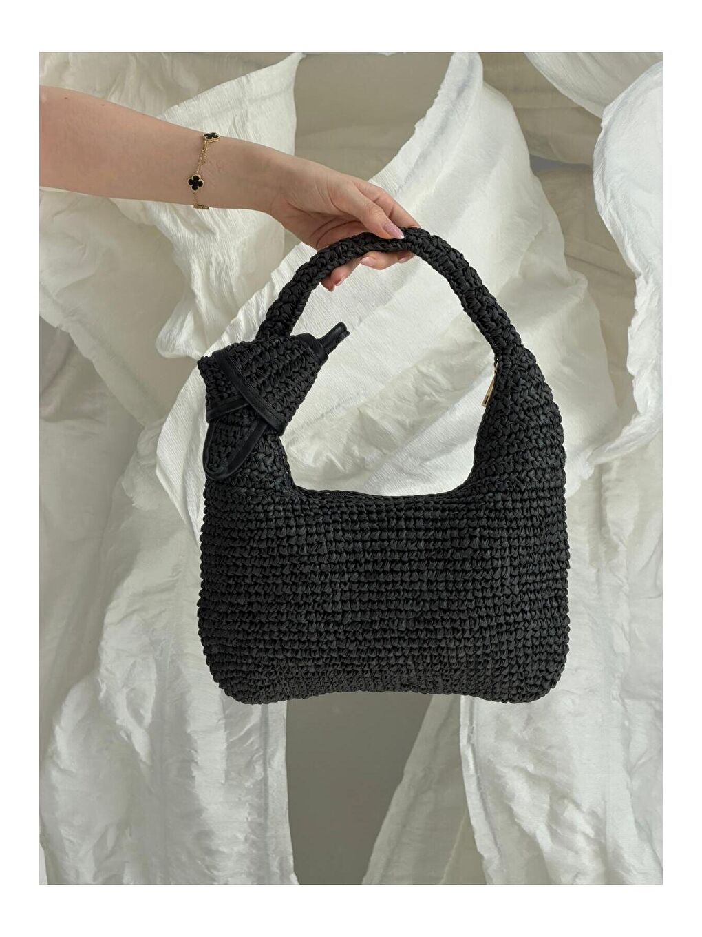 Düğüm Detaylı Siyah Hasır Çanta CNT1193