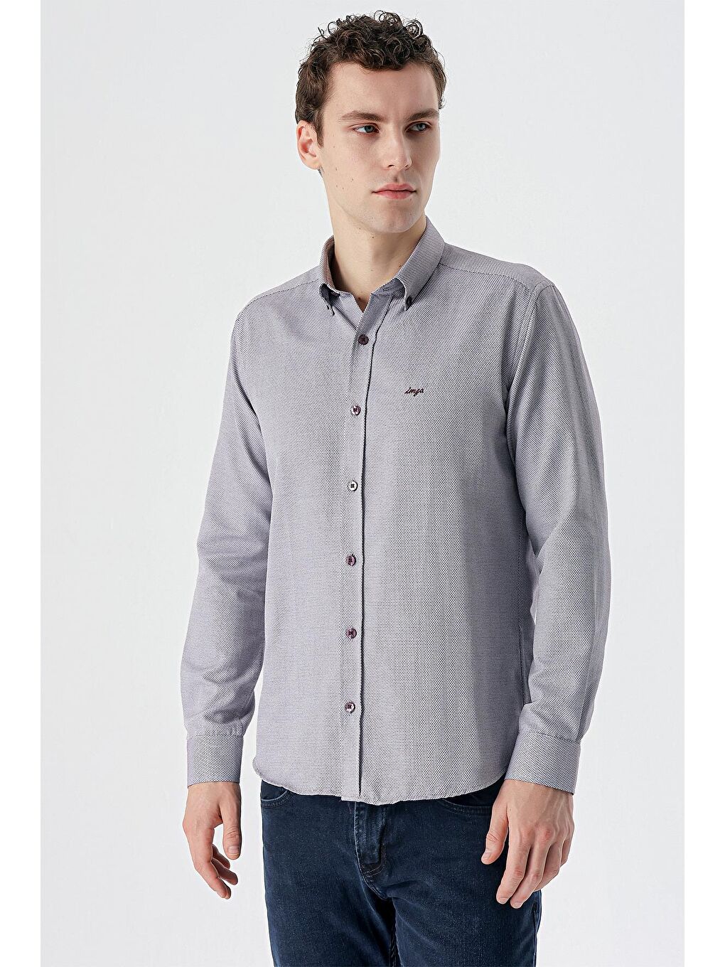 Bordo Uzun Kollu Desenli Armürlü Düğmeli Yaka Cepsiz  Pamuklu Klasik Slim Fit Gömlek 1004235148