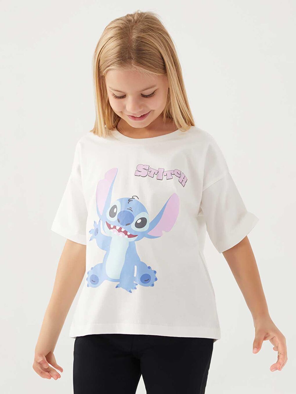 Stitch Krem Kız Çocuk Tişört 3-7 Yaş Krem