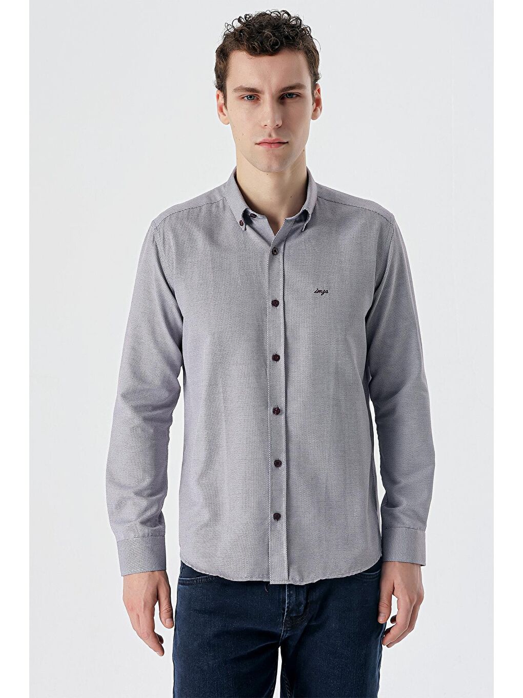 Bordo Uzun Kollu Desenli Armürlü Düğmeli Yaka Cepsiz  Pamuklu Klasik Slim Fit Gömlek 1004235148-1