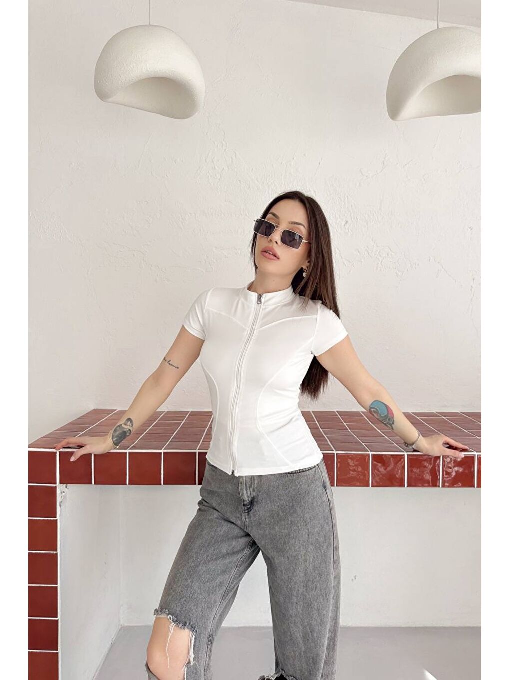 Beyaz Kadın Fermuarlı Fit Tişört Slim Fit Kısa Kollu Bluz Basic Crop Üst