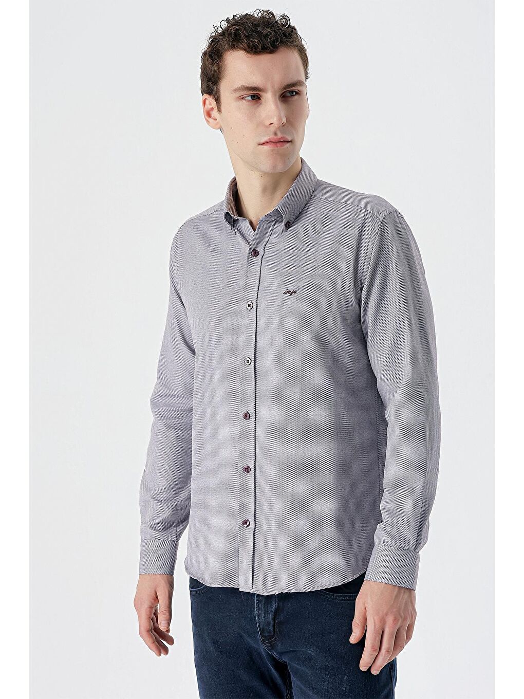 Bordo Uzun Kollu Desenli Armürlü Düğmeli Yaka Cepsiz  Pamuklu Klasik Slim Fit Gömlek 1004235148-2