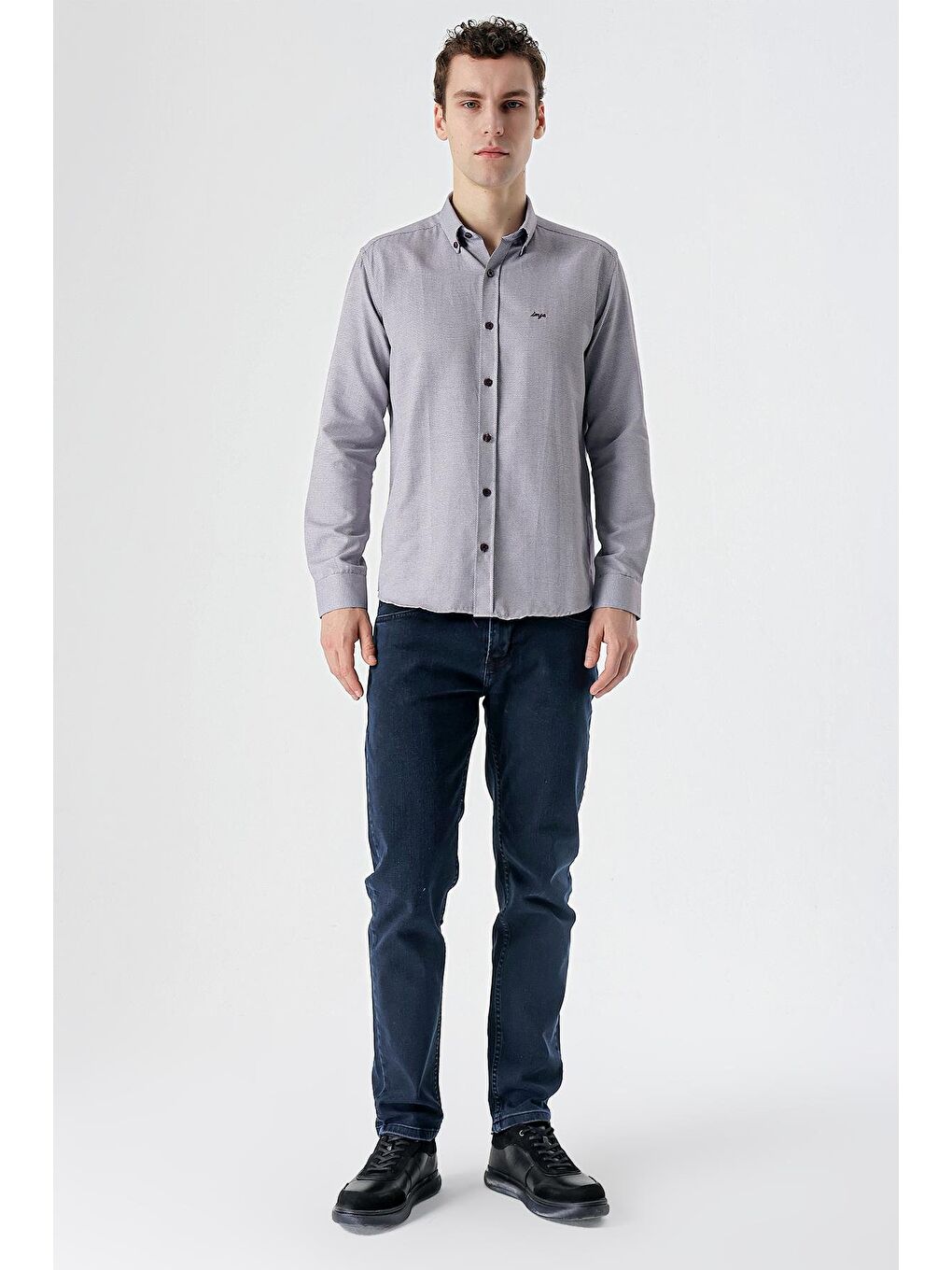 Bordo Uzun Kollu Desenli Armürlü Düğmeli Yaka Cepsiz  Pamuklu Klasik Slim Fit Gömlek 1004235148-3