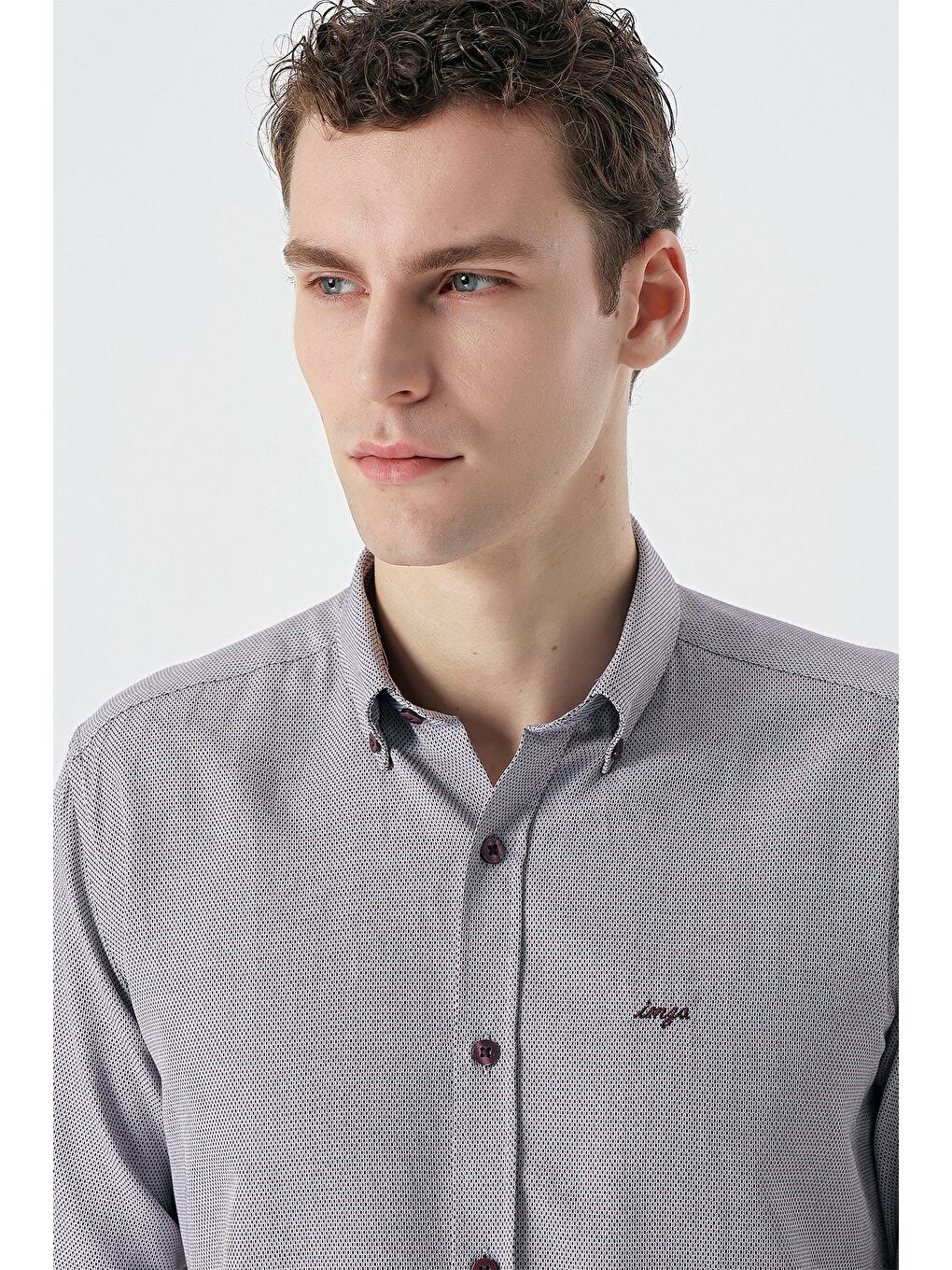 Bordo Uzun Kollu Desenli Armürlü Düğmeli Yaka Cepsiz  Pamuklu Klasik Slim Fit Gömlek 1004235148-4