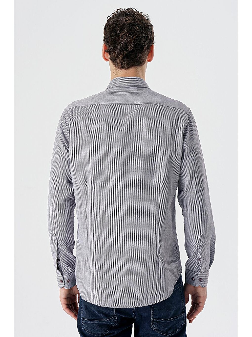 Bordo Uzun Kollu Desenli Armürlü Düğmeli Yaka Cepsiz  Pamuklu Klasik Slim Fit Gömlek 1004235148-5