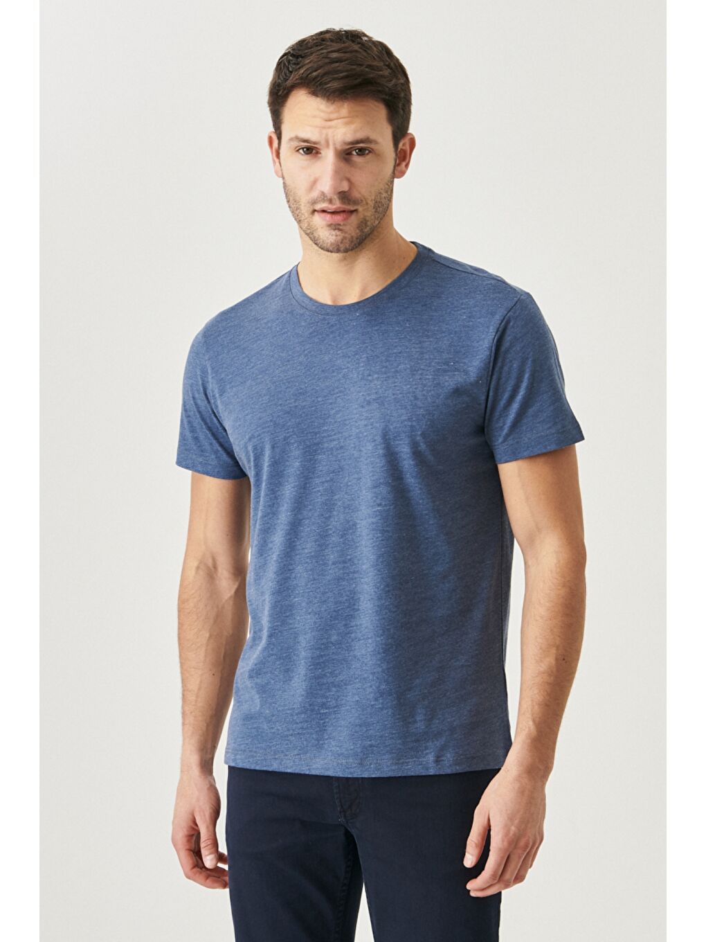 Erkek Beyaz-Saks-İndigo Melanj-Lacivert-Bordo Slim Fit Dar Kesim Bisiklet Yaka 5'li Tişört Paketi-4