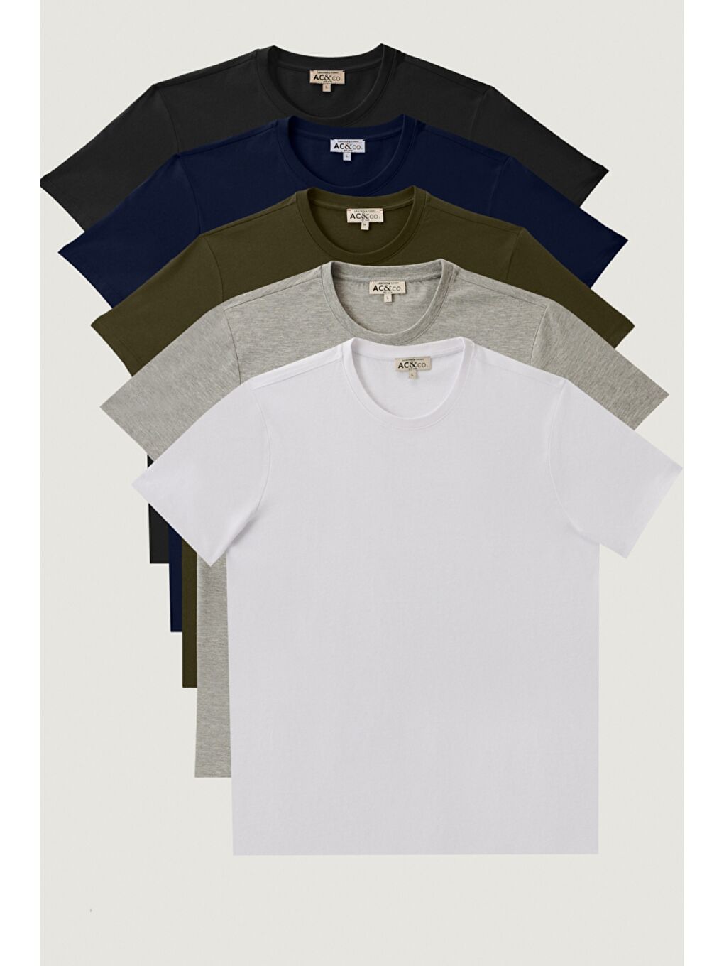 Erkek Beyaz-Siyah-Gri Melanj-Lacivert-Haki Slim Fit Dar Kesim Bisiklet Yaka 5'li Tişört Paketi-1