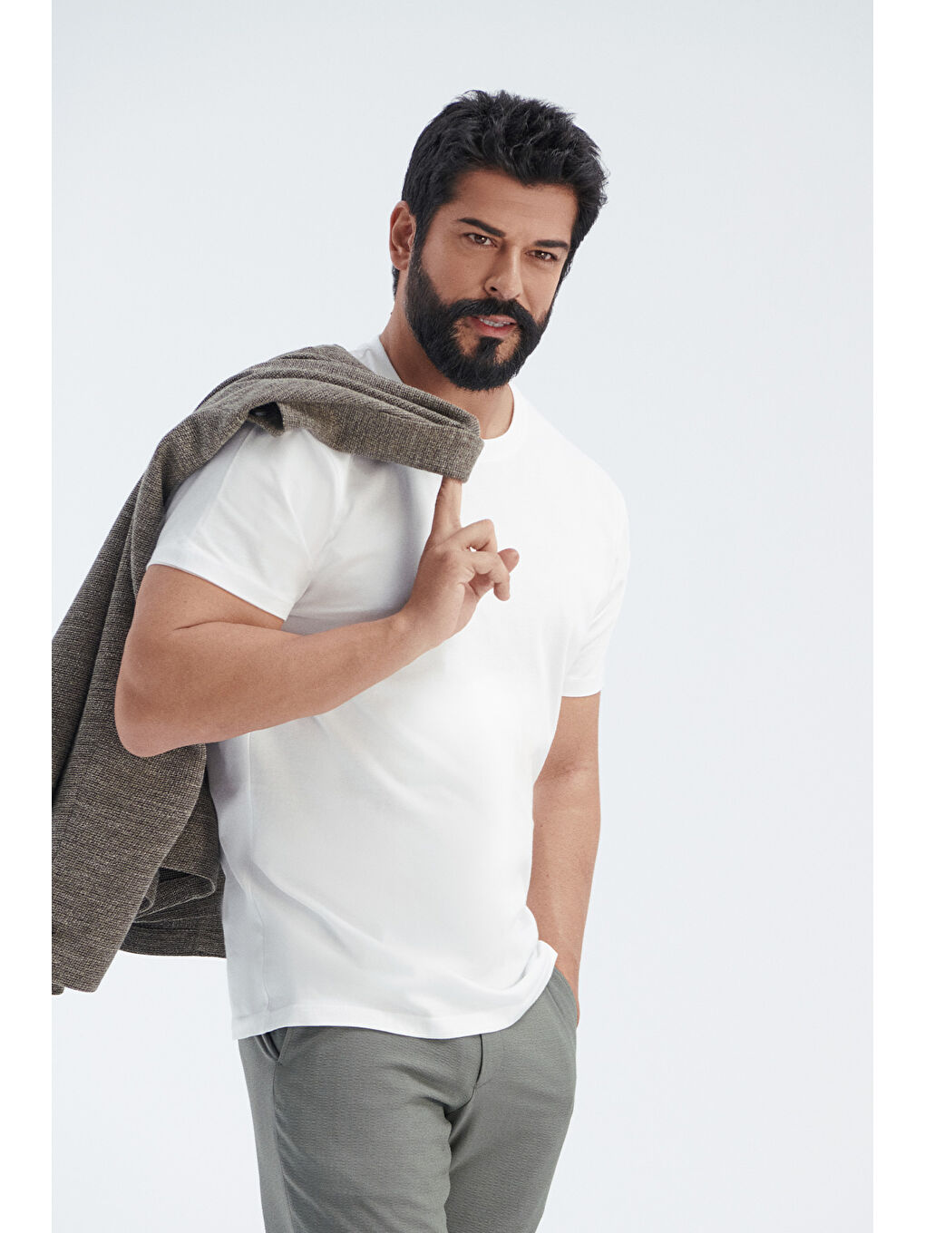 Erkek Beyaz-Siyah-Gri Melanj-Lacivert-Haki Slim Fit Dar Kesim Bisiklet Yaka 5'li Tişört Paketi-2